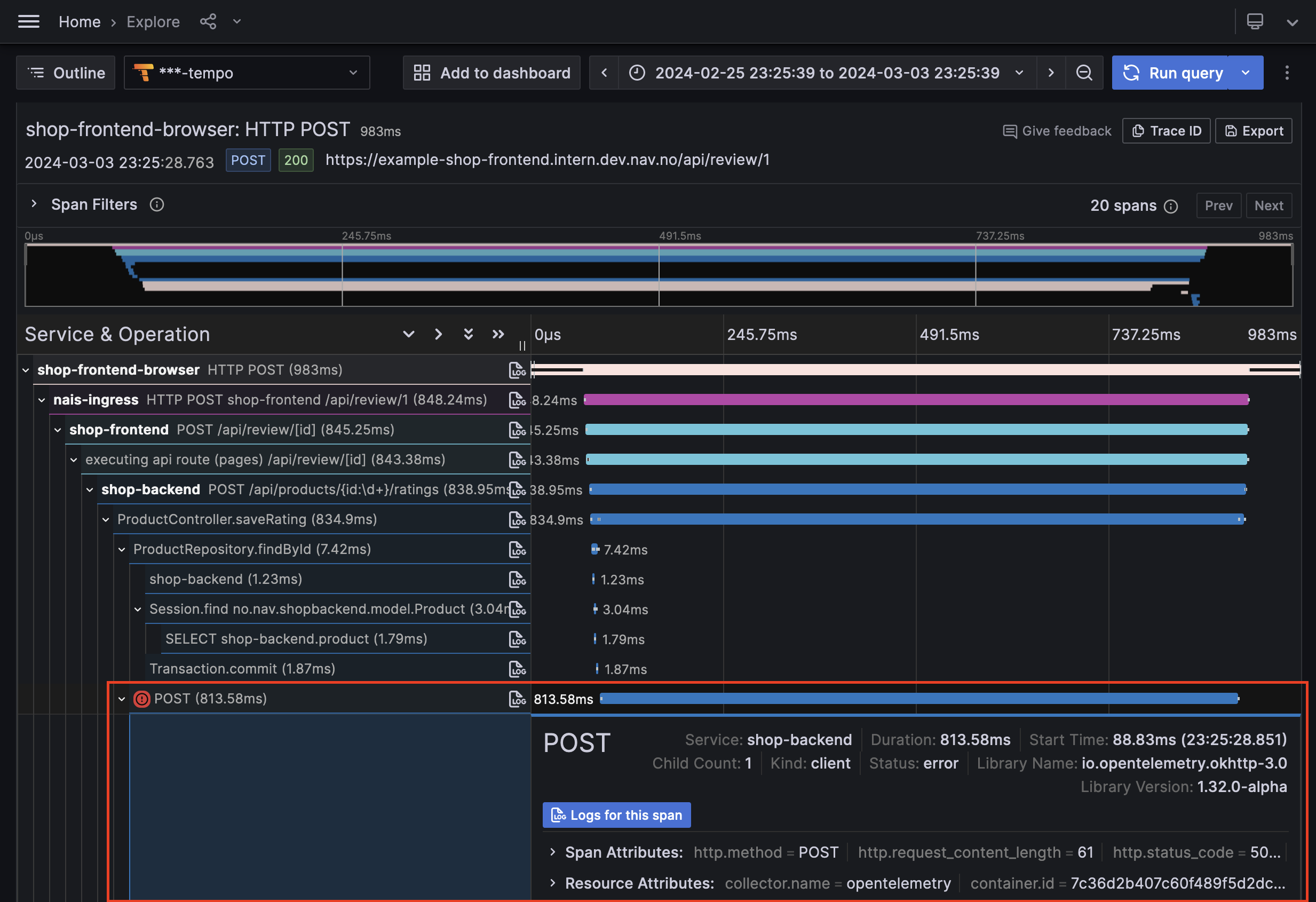 Grafan Tempo Trace View