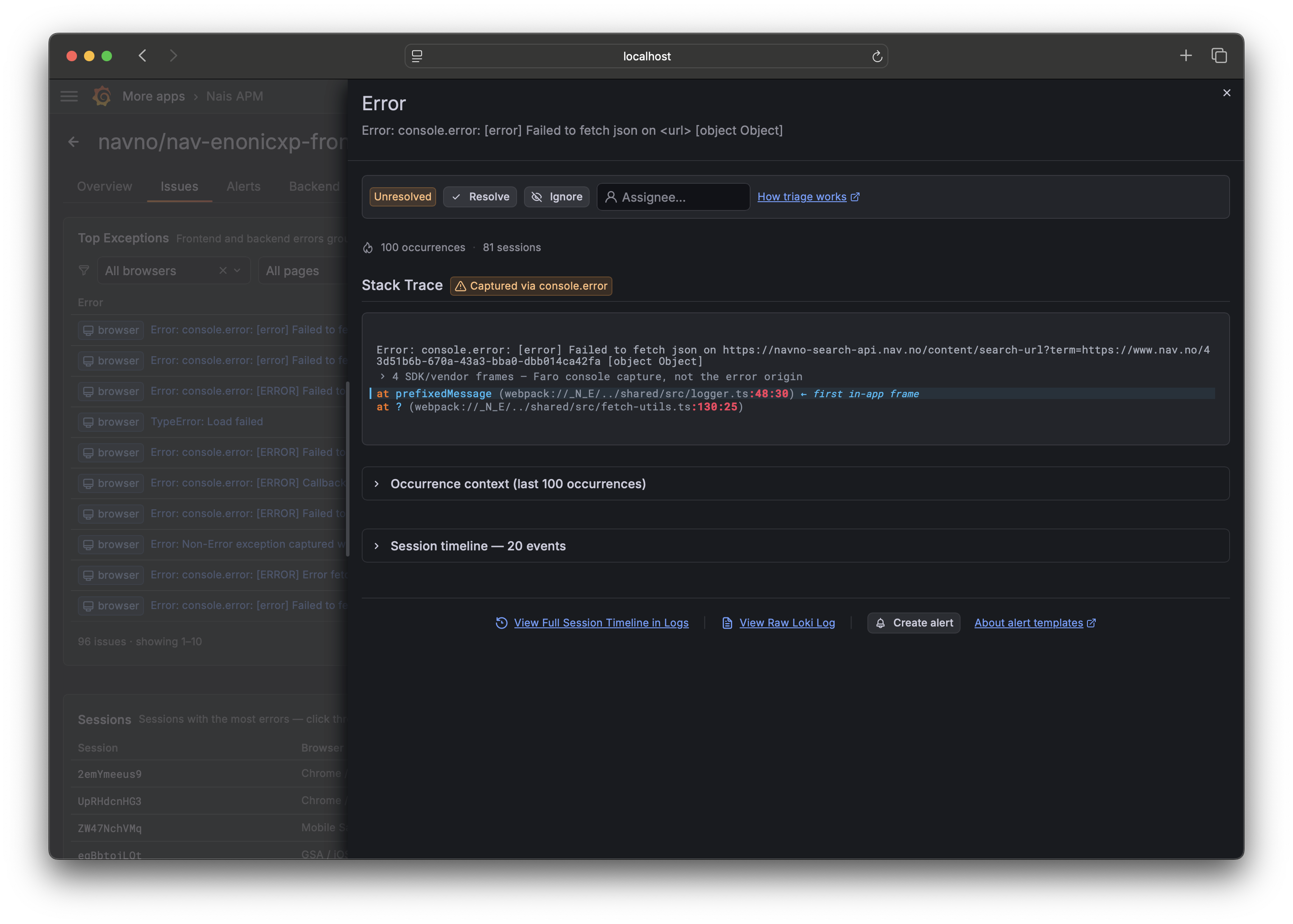 Issue drawer โ triage bar and stack trace