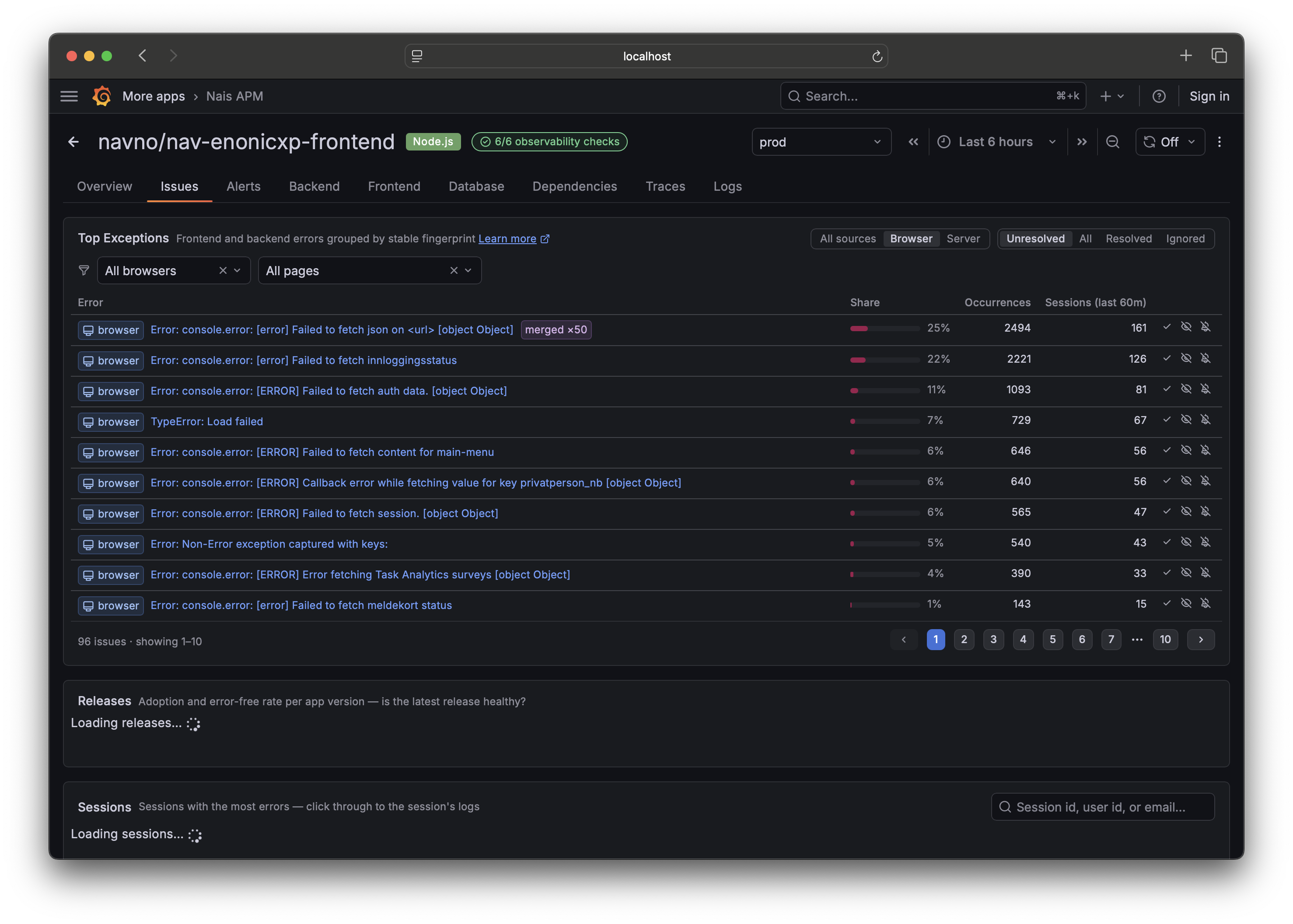 Issues tab filtered to browser-sourced exceptions